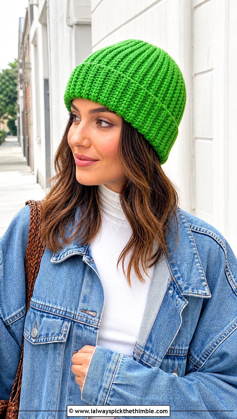 Back Loop Single Crochet Beanie With Denim Jacket And Jeans - 15 Sc Crochet Beanie outfit ideas
