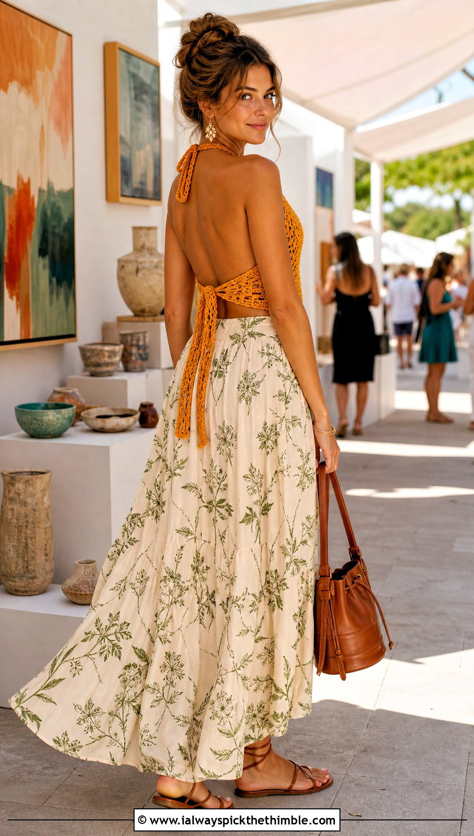 Backless Crochet Halter Top With Printed Maxi Skirt - 25 crochet summer tops outfit ideas