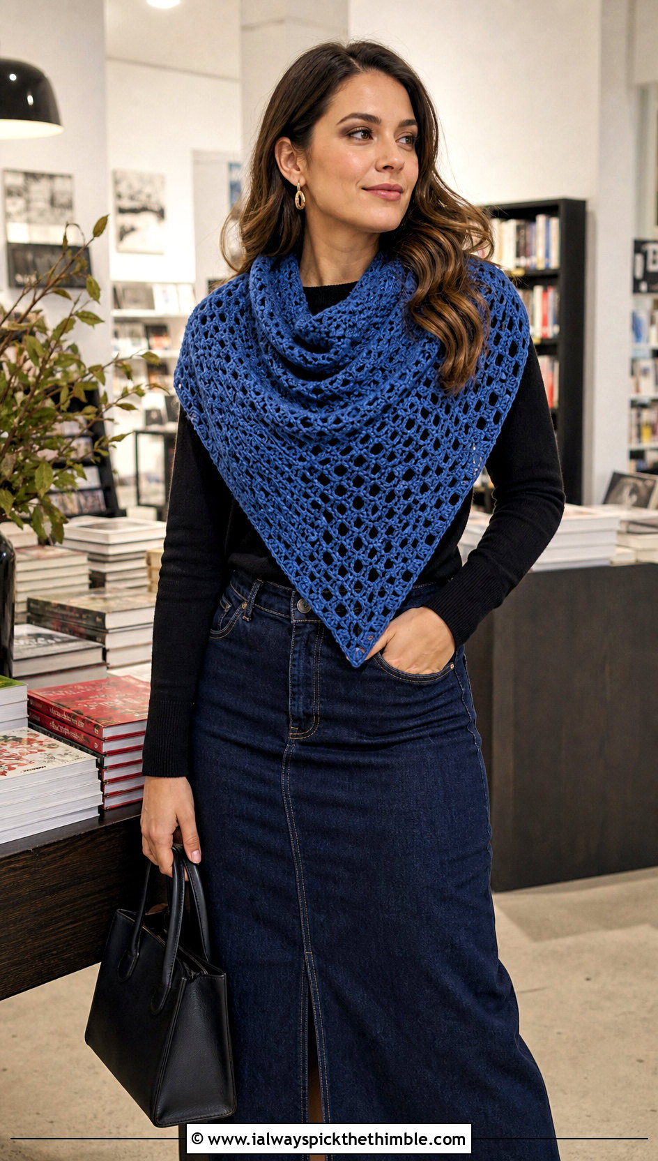 Backward Triangle Fall River Crochet Shawl With a Denim Midi Skirt - 20 Fall River Crochet Shawl outfit ideas