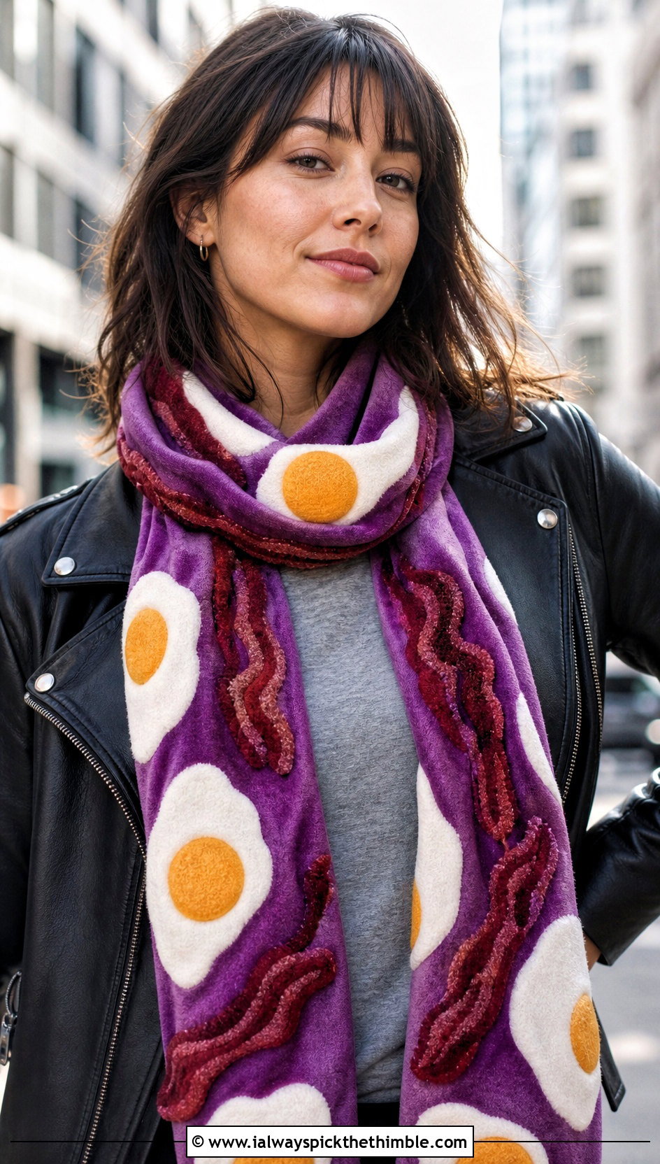 Bacon Strip And Egg Scarf With Leather Jacket - 20 Crochet Bacon And Eggs Scarf outfit ideas