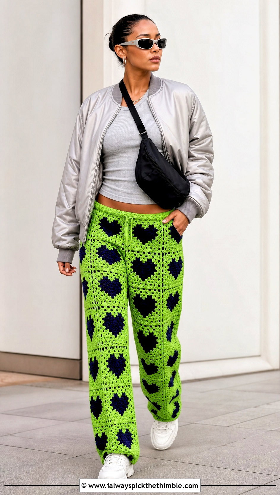 Baggy Heart Granny Square Pants With Bomber Jacket - 20 heart granny square pants outfit ideas
