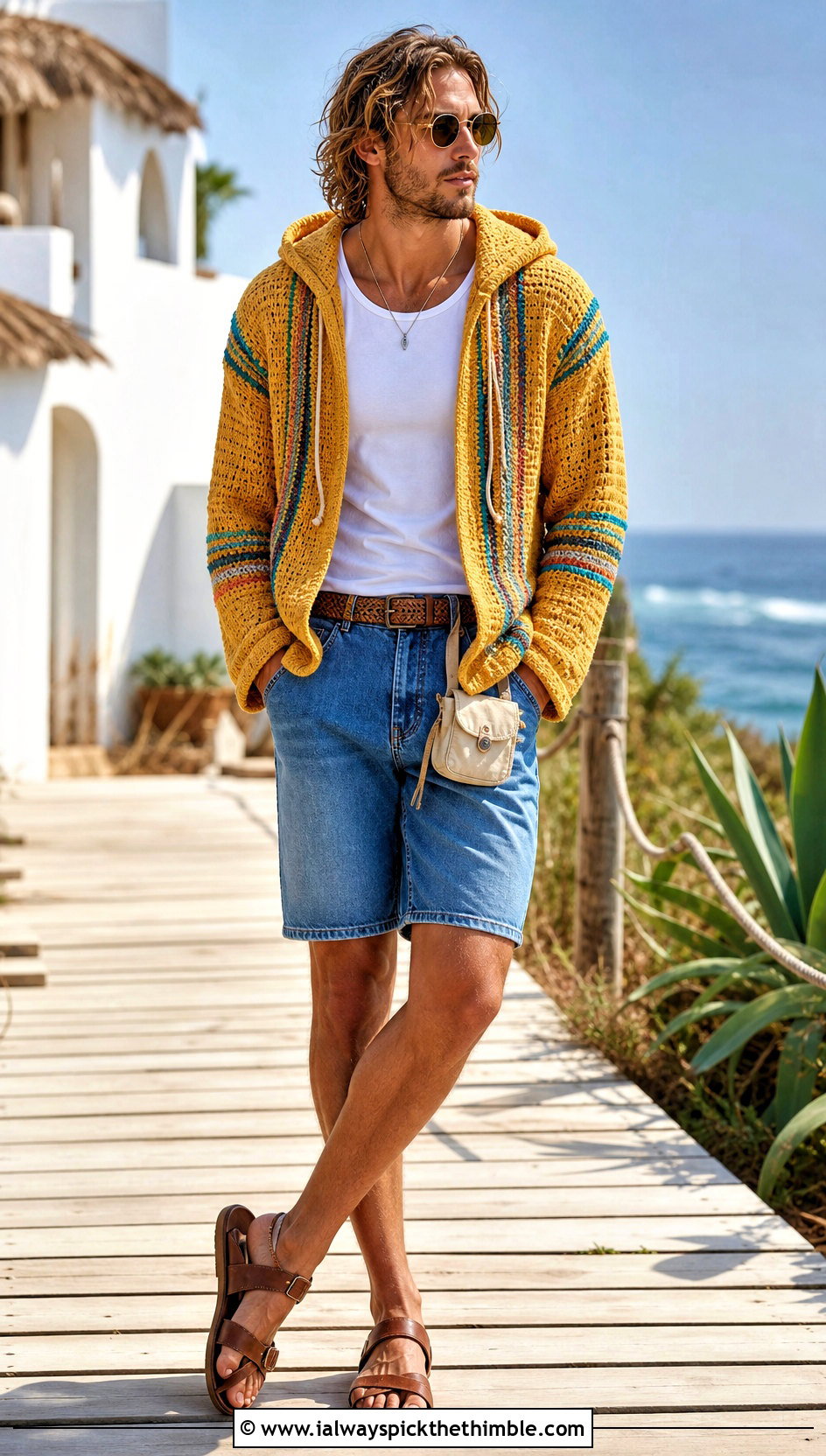 Baja Crochet Hoodie With Denim Shorts - 20 Crochet Hoodie Men outfit ideas