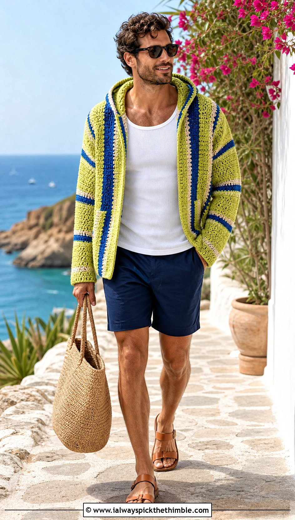 Baja Crochet Hoodie With Twill Shorts - 25 crochet hoodie for men outfit ideas