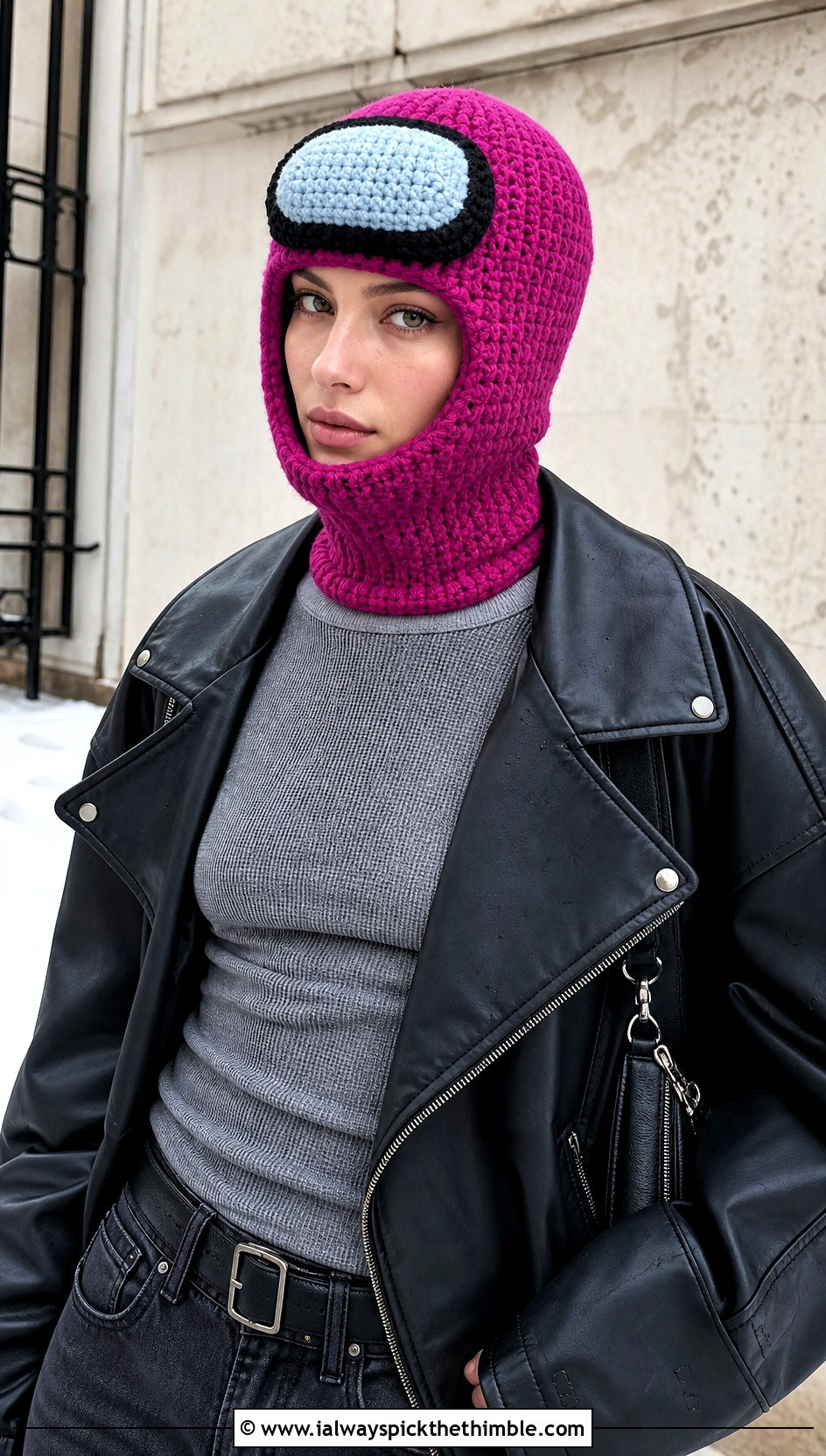 Balaclava Crewmate Hood With Leather Jacket - 20 Among Us Crochet Hat outfit ideas