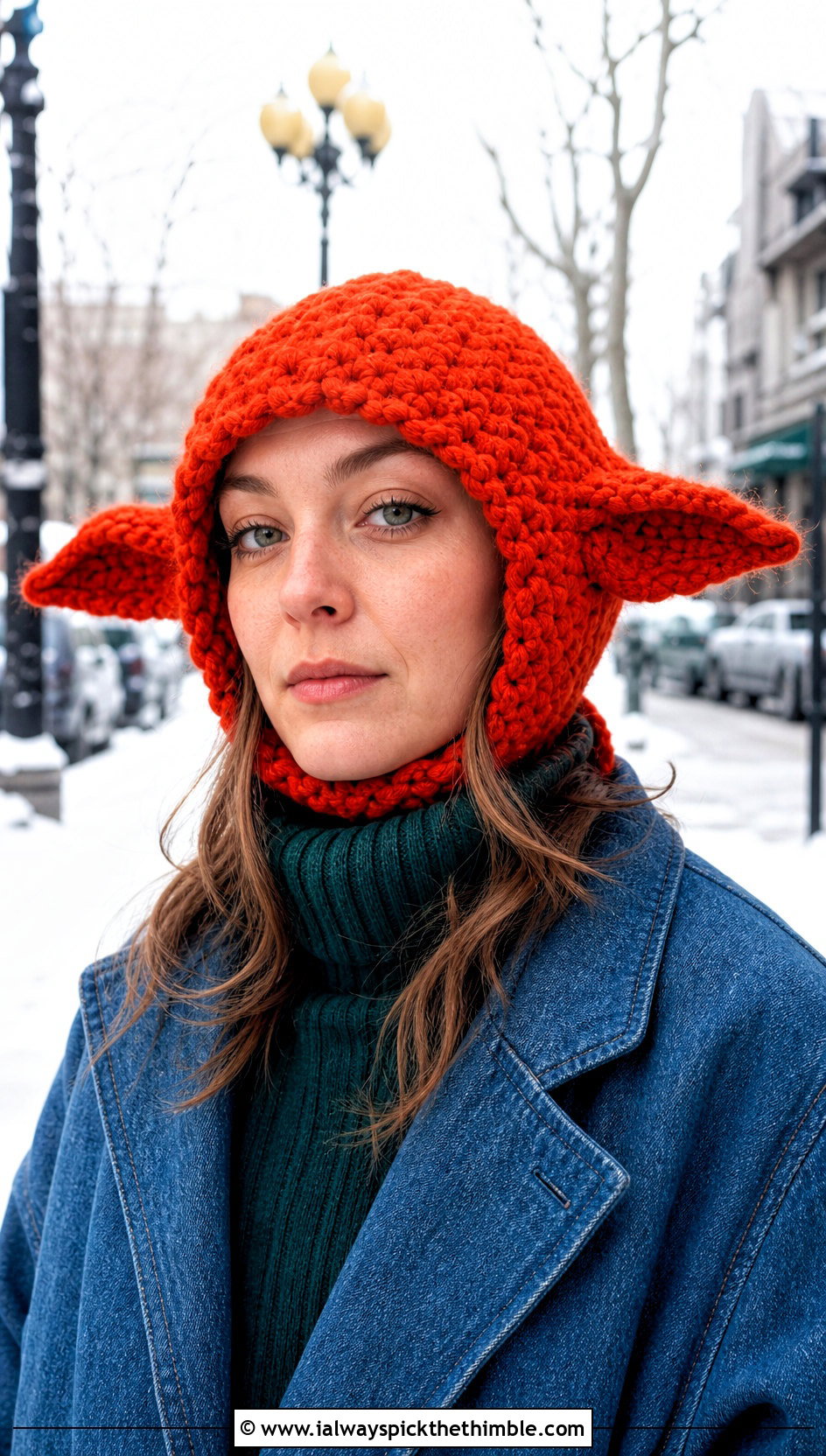 Balaclava Dobby Crochet Hat With Denim Coat And Knit Dress - 20 dobby crochet hat outfit ideas