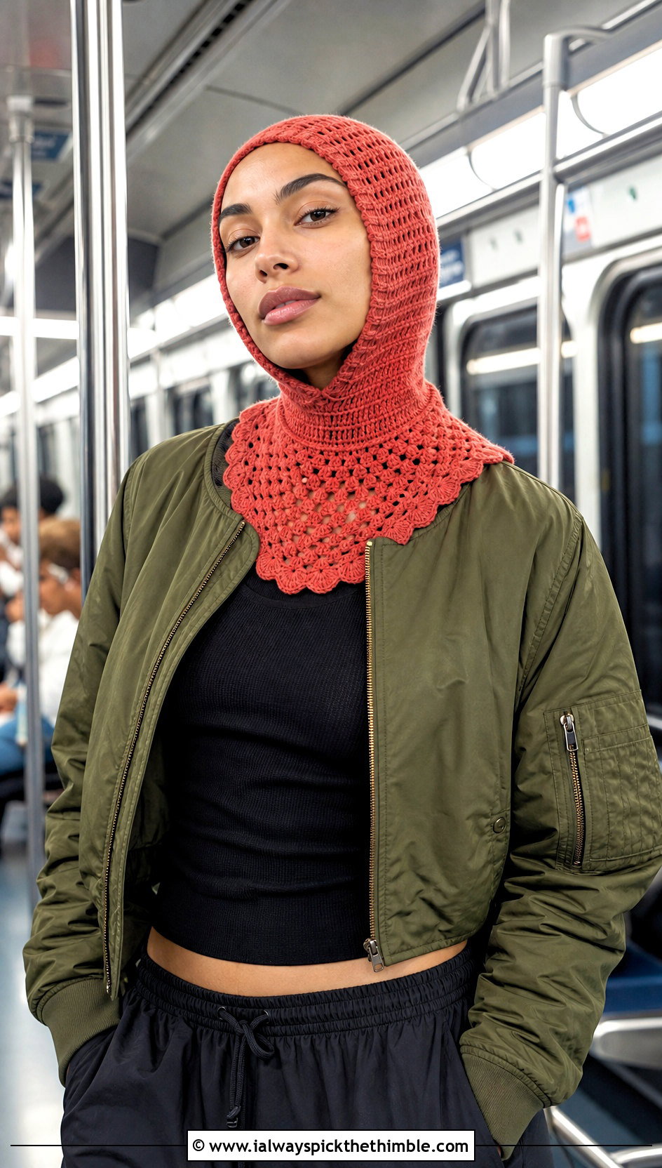 Balaclava Hooded Scarf With Bomber Jacket And Track Pants - 25 crochet hooded scarf outfit ideas