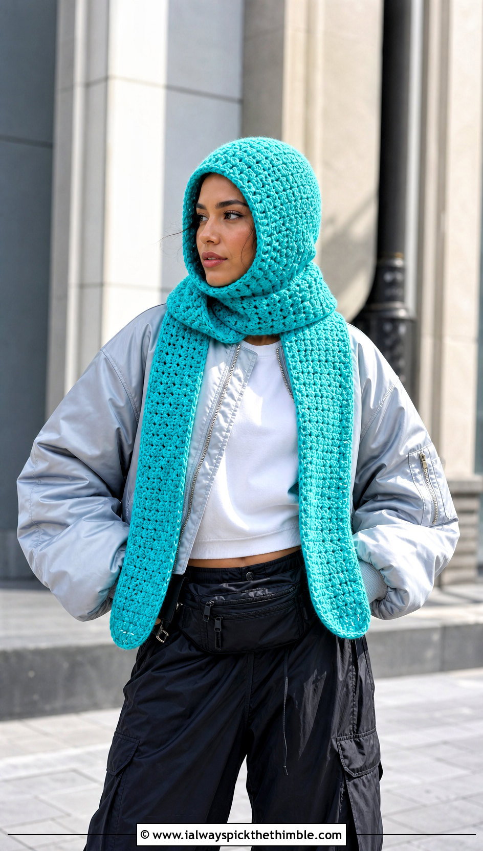 Balaclava Hooded Scarf With Bomber Jacket - 20 Crochet Hoodie Scarf outfit ideas