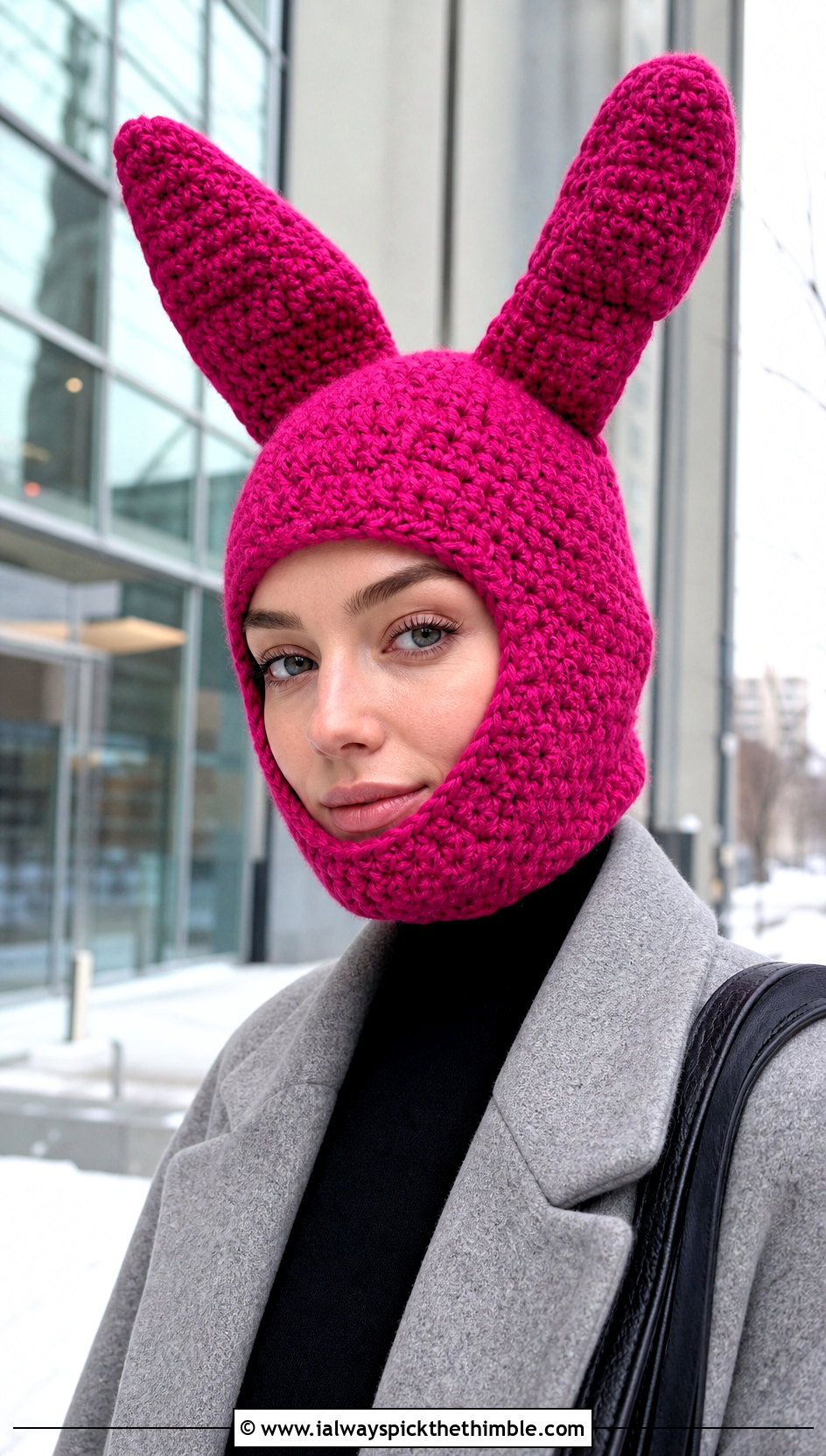 Balaclava Louise Crochet Bunny Ear Hat With Wool Coat - 20 Louise Crochet Hat outfit ideas