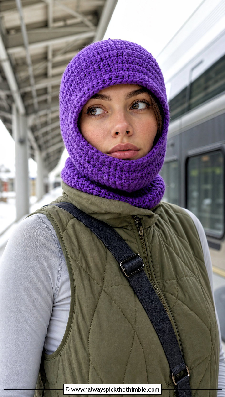 Balaclava Style Crochet Beanie With Quilted Vest - 20 Quick Crochet Beanie outfit ideas