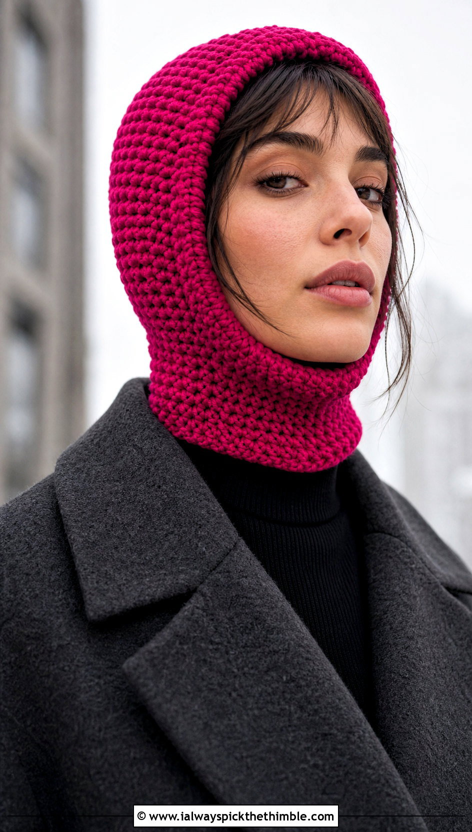 Balaclava Style Crochet Beanie With Wool Coat - 20 Women Crochet Beanie outfit ideas