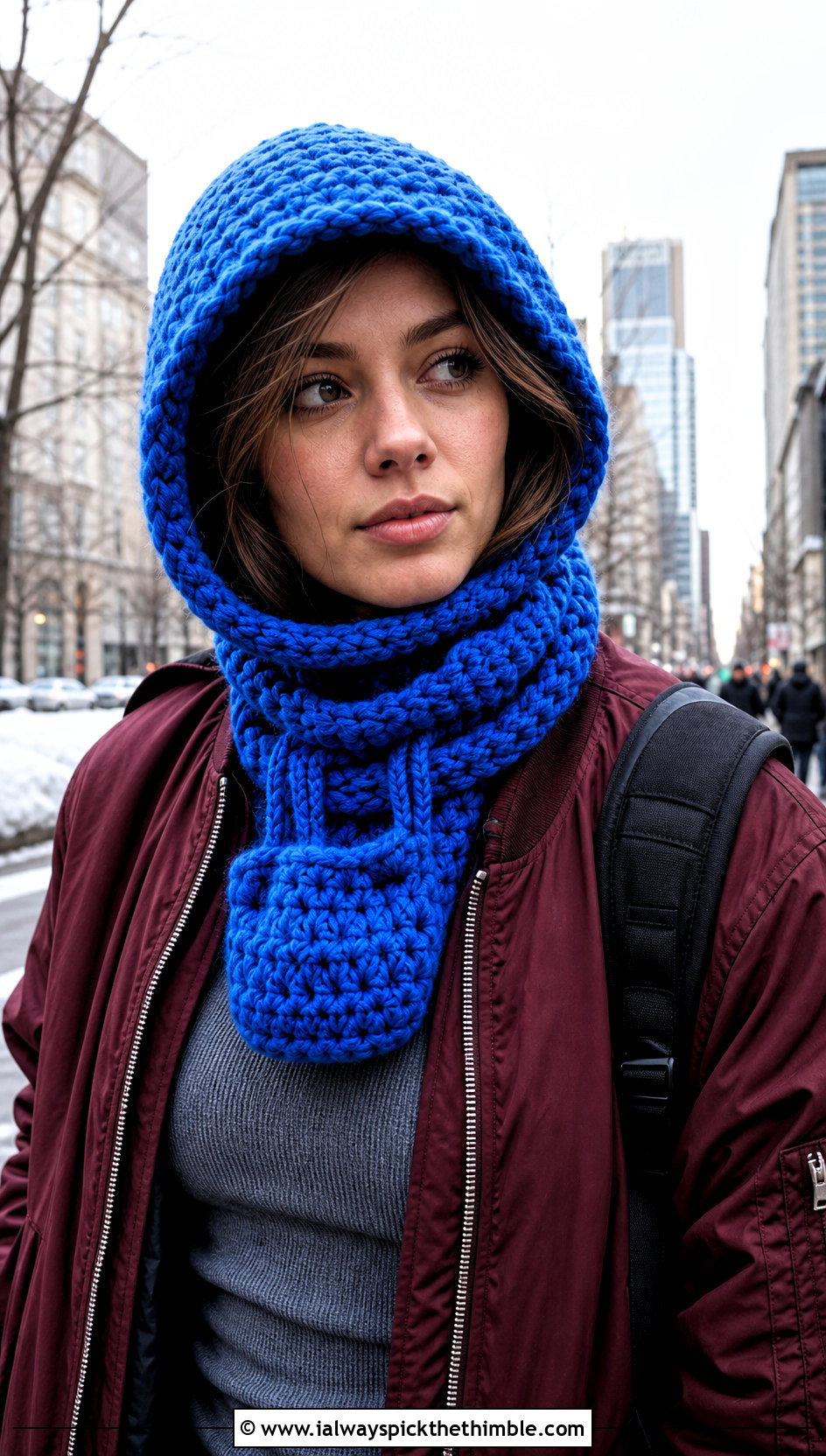 Balaclava Style Crochet Hooded Pocket Scarf With Bomber Jacket - 20 crochet hooded pocket scarf outfit ideas