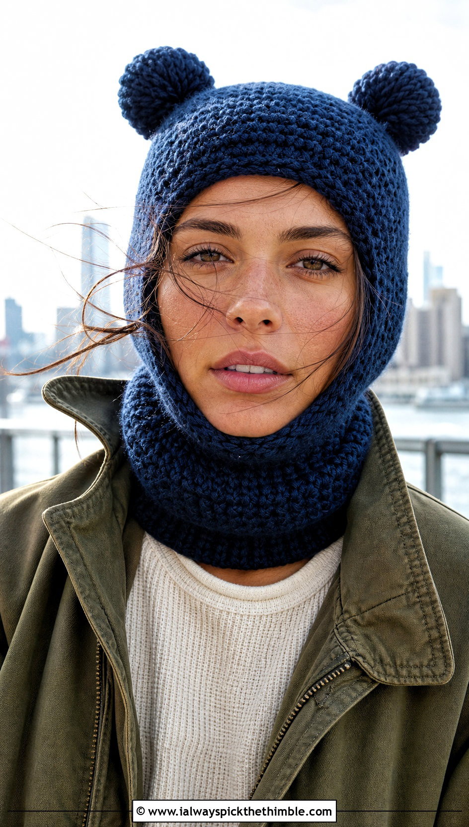 Balaclava Style Double Pom Pom Crochet Hat With Utility Coat - 20 Crochet Double Pom Pom Hat outfit ideas