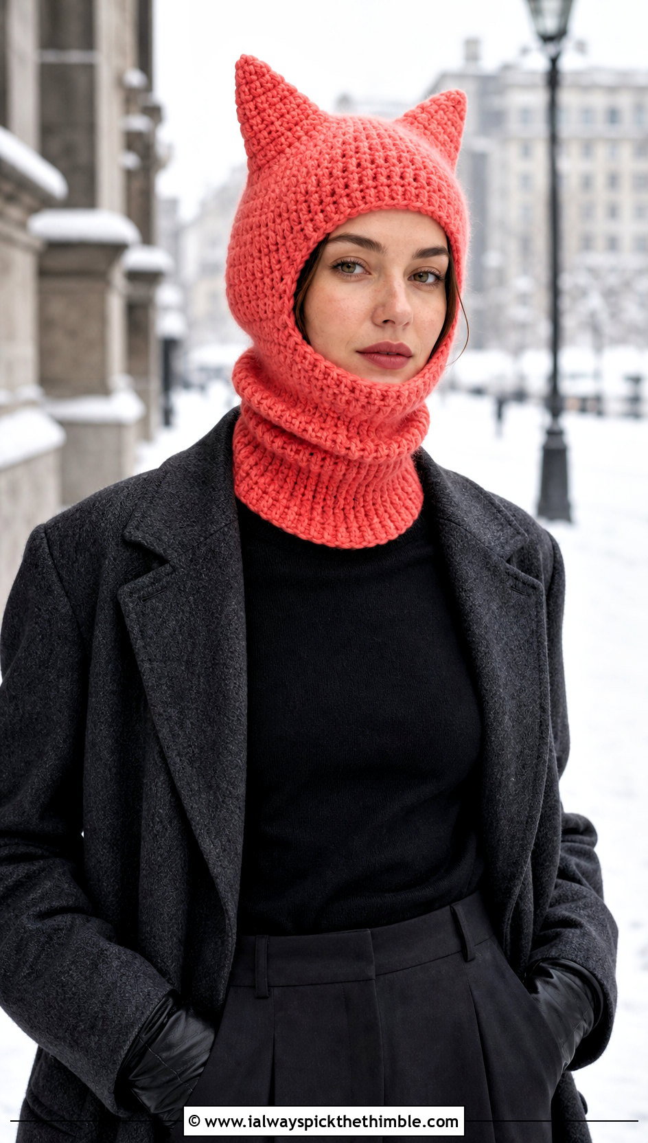 Balaclava Style Finn Hat With Long Wool Coat - 25 crochet finn hat outfit ideas