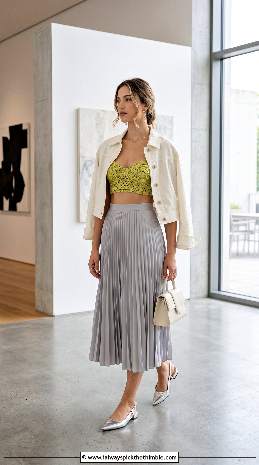 Balconette Crochet Bra With Pleated Midi Skirt - 25 crochet bra outfit ideas