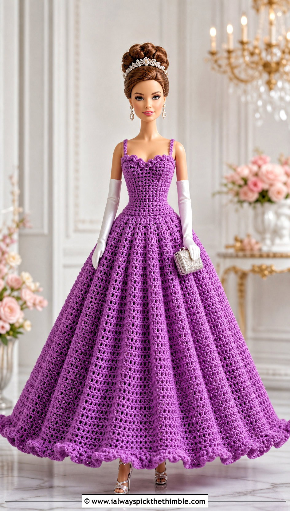 Ball Gown Crochet Doll Dress With Opera Gloves - 25 crochet doll dress outfit ideas