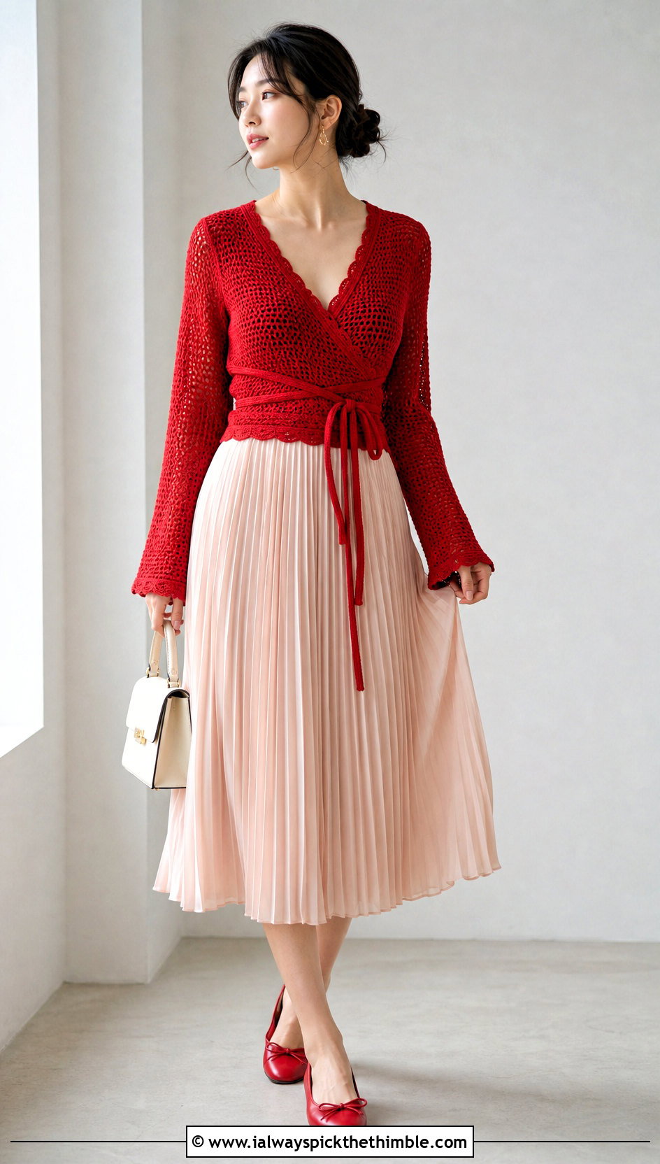 Ballet Crochet Wrap Cardigan With Pleated Midi Skirt - 20 wrap crochet cardigan outfit ideas