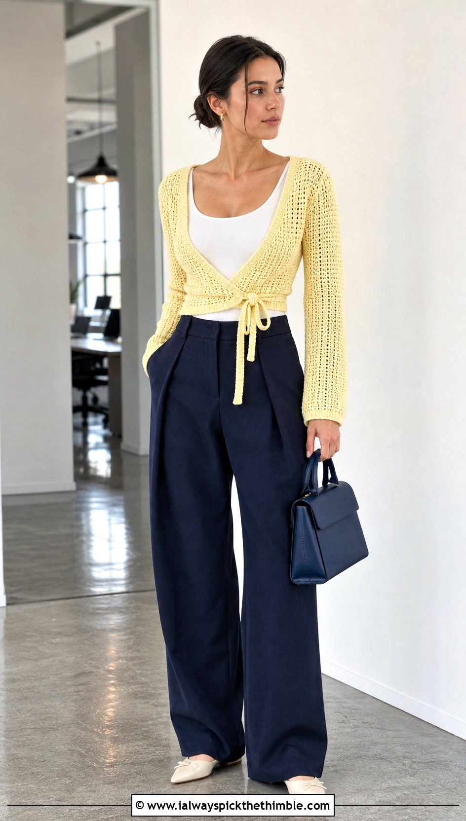 Ballet Crochet Wrap Sweater With Wide Leg Trousers - 25 crochet wrap sweater outfit ideas
