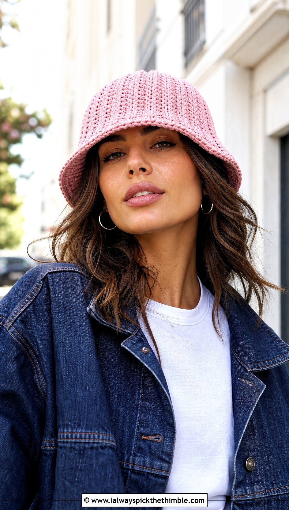 Ballet Pink Ribbed Crochet Bucket Hat With Denim - 15 pink crochet bucket hat outfit ideas