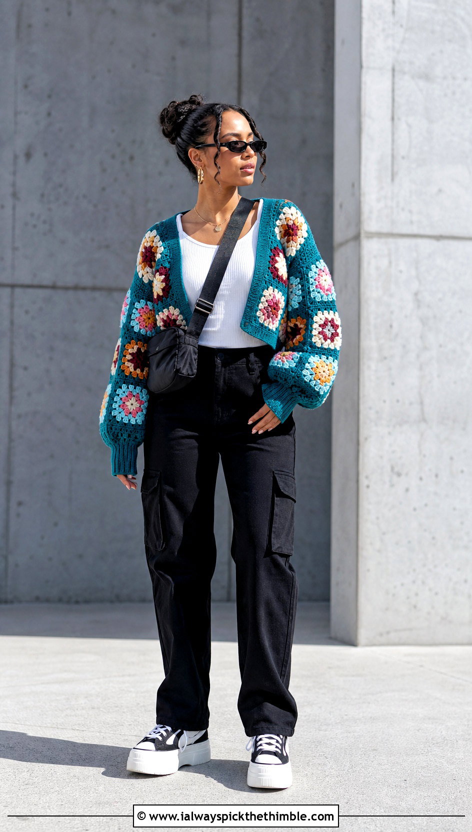 Balloon Sleeve African Flower Granny Square Cardigan With Cargo Pants - 20 african flower granny square cardigan outfit ideas