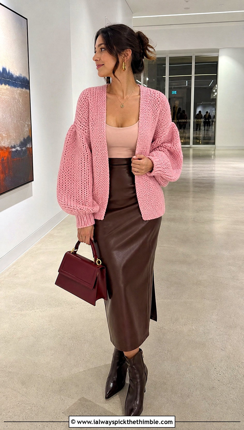 Balloon Sleeve Alpine Stitch Crochet Cardigan With Leather Midi Skirt - 20 Alpine Stitch Crochet Cardigan outfit ideas