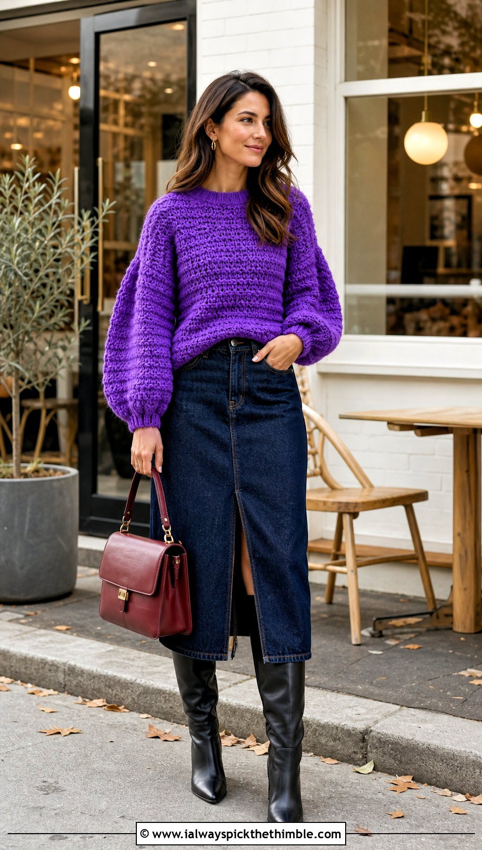 Balloon Sleeve Alpine Stitch Sweater With Denim Midi Skirt - 20 crochet alpine stitch sweater outfit ideas
