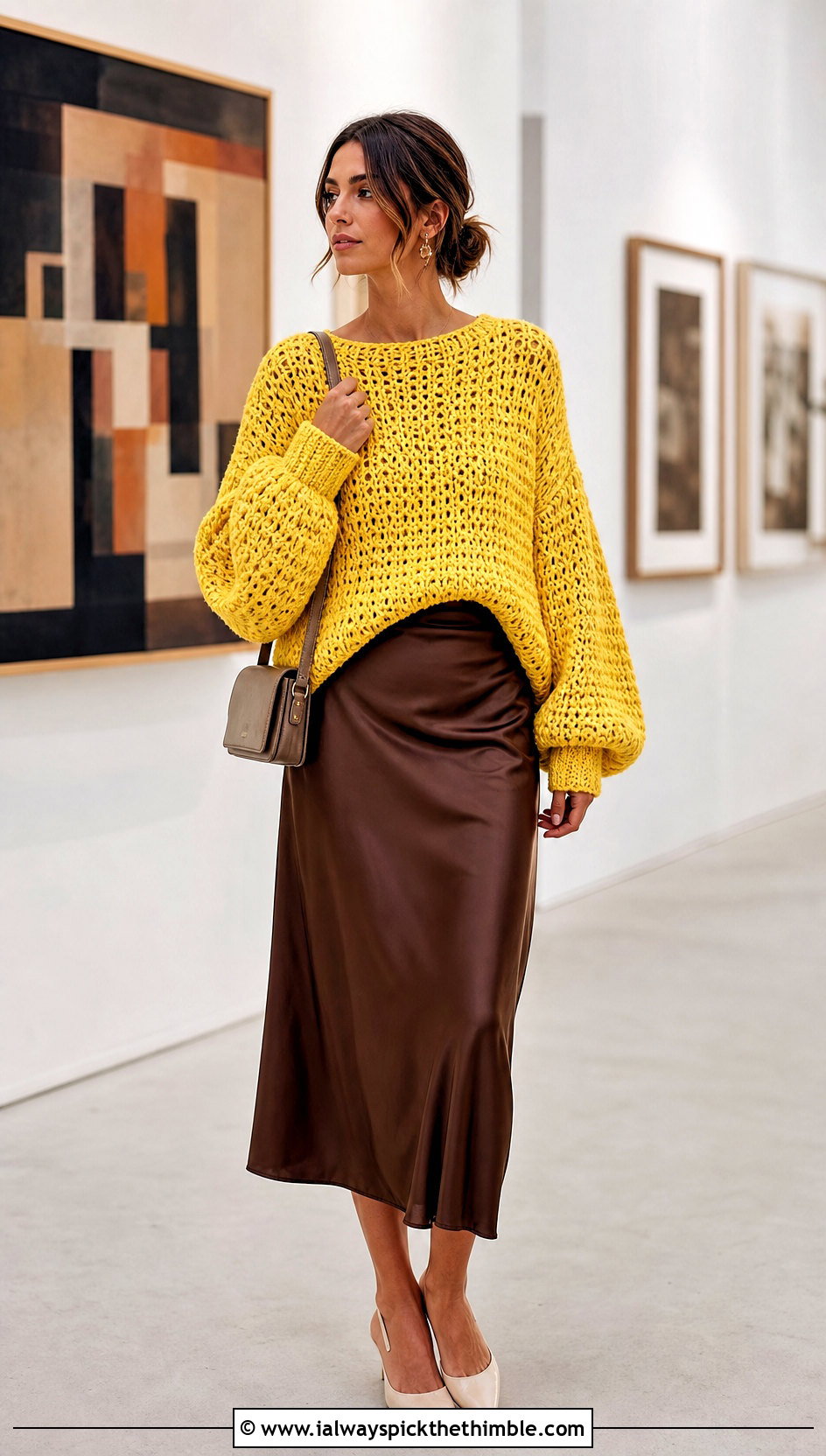 Balloon Sleeve Baggy Crochet Sweater With Satin Midi Skirt - 25 baggy crochet sweater outfit ideas