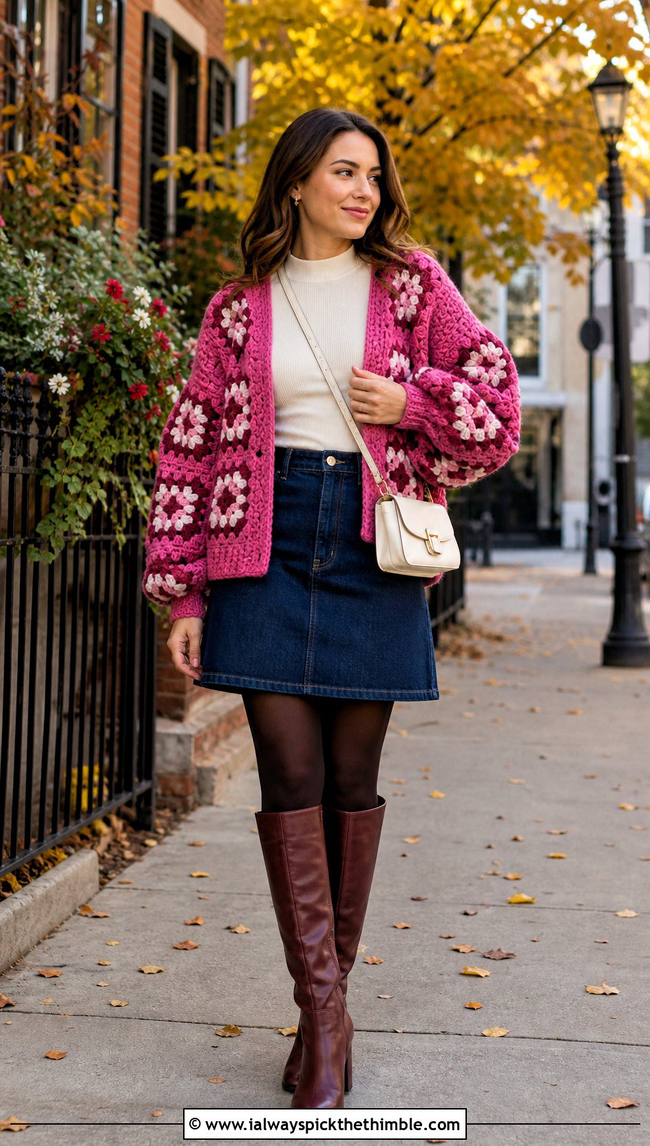 Balloon Sleeve Big Granny Square Cardigan With Denim Mini Skirt - 25 Big Granny Square Cardigan outfit ideas