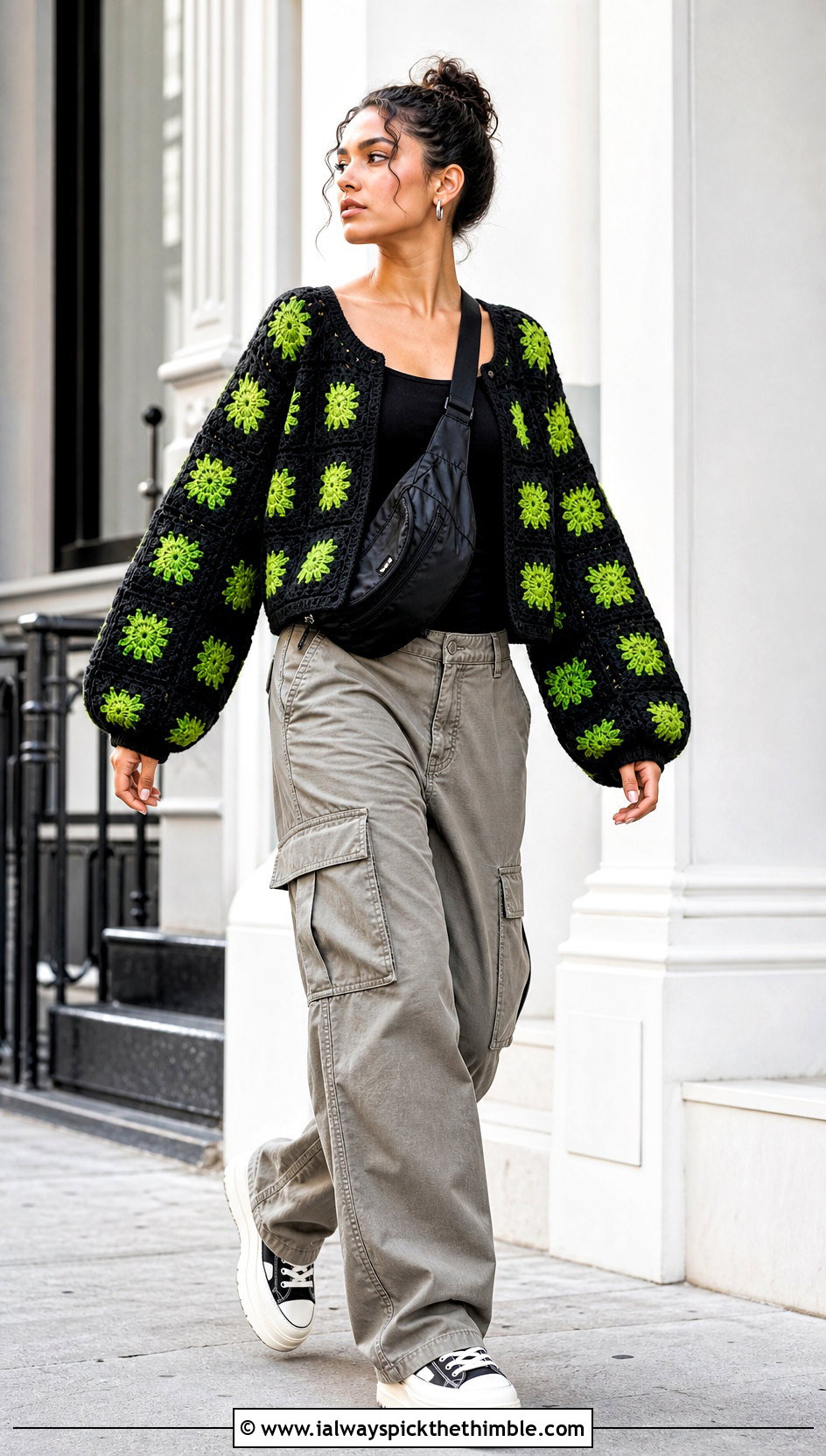 Balloon Sleeve Black Granny Square Sweater With Cargo Pants - 20 black granny square sweater outfit ideas