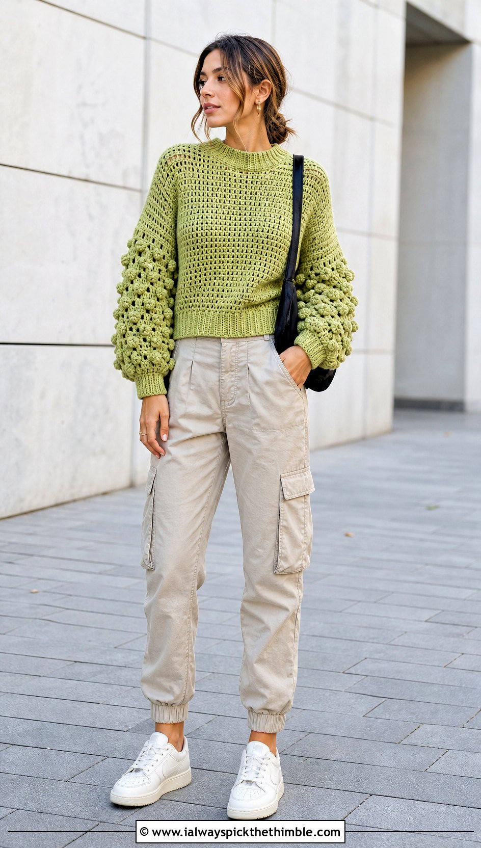 Balloon Sleeve Bobble Sweater With Cargo Pants - 20 crochet bobble sweater outfit ideas