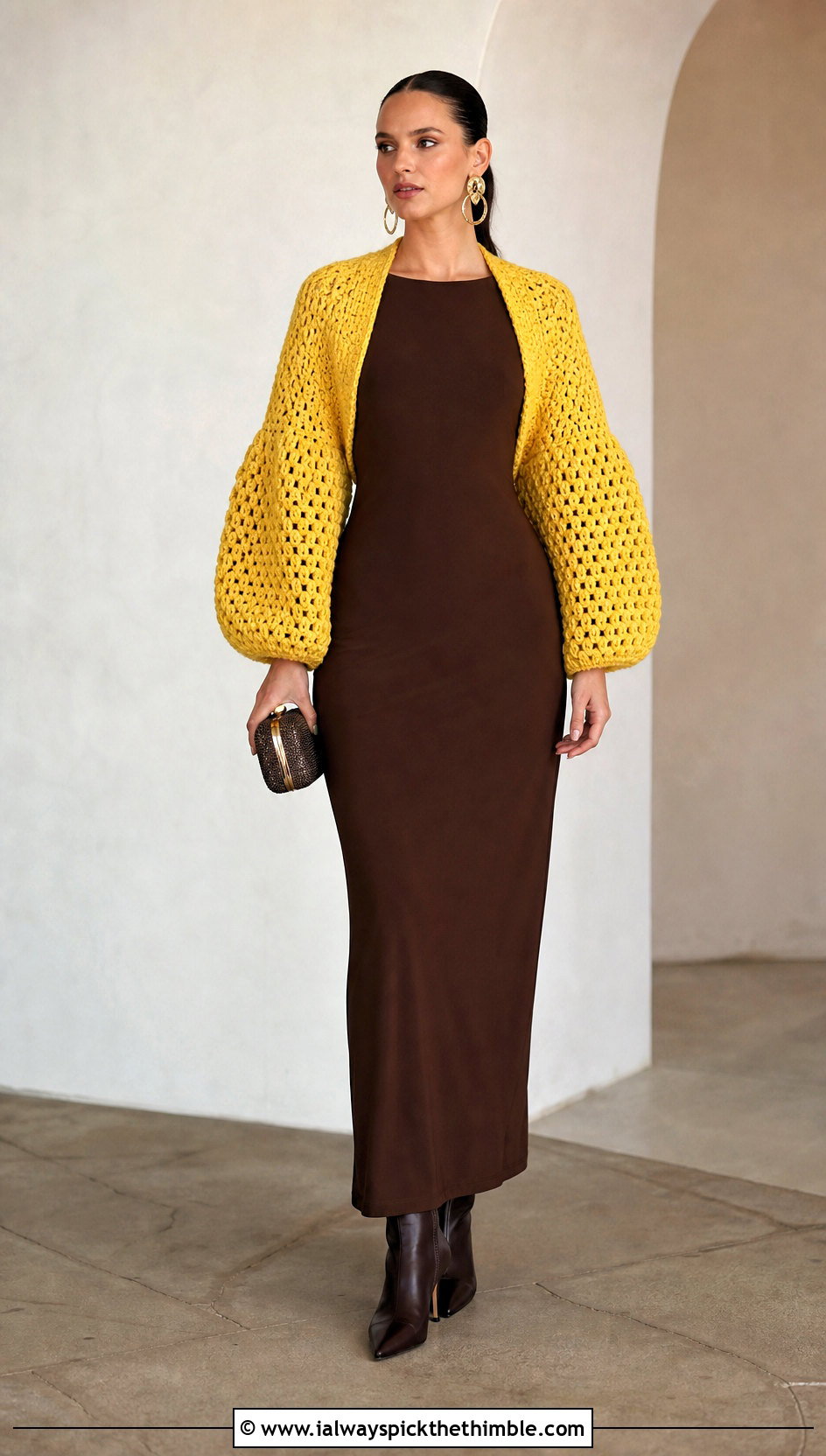 Balloon Sleeve Bolero With Column Maxi Dress - 25 crochet shrug bolero outfit ideas