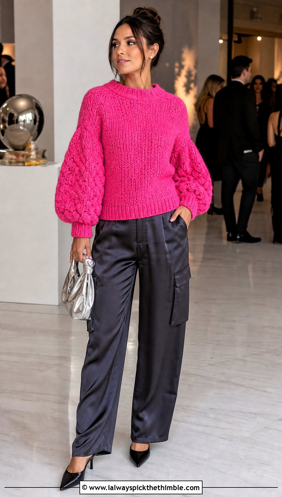 Balloon Sleeve C2C Crochet Sweater With Satin Cargo Pants - 20 c2c crochet sweater outfit ideas