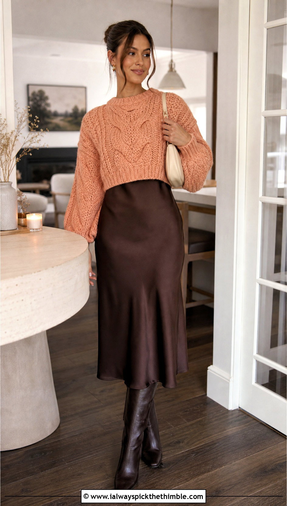Balloon Sleeve Cable Crochet Sweater With Slip Dress - 25 crochet cable sweater outfit ideas