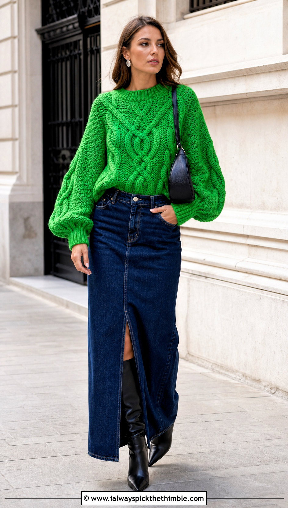 Balloon Sleeve Celtic Cable Crochet Sweater With Denim Maxi Skirt - 20 Cable Knit Crochet Sweater outfit ideas