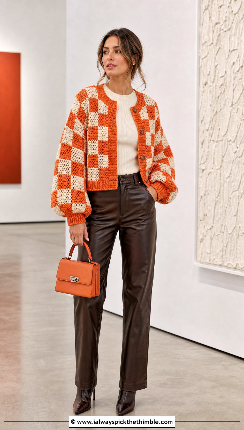 Balloon Sleeve Checkered Crochet Cardigan With Leather Pants - 20 Checkered Crochet Cardigan outfit ideas