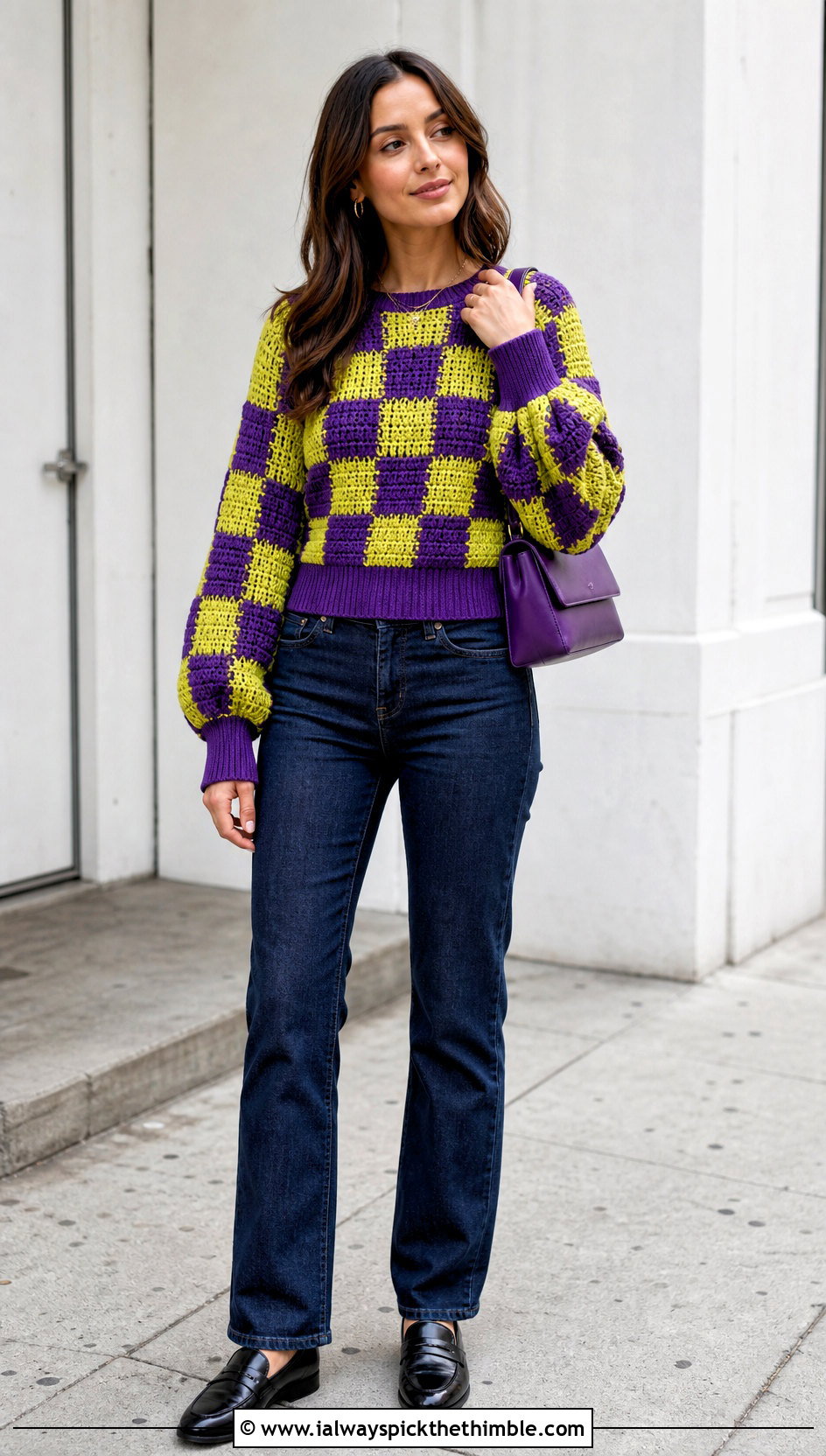 Balloon Sleeve Checkered Crochet Sweater With Straight Leg Jeans - 20 checkered crochet sweater outfit ideas