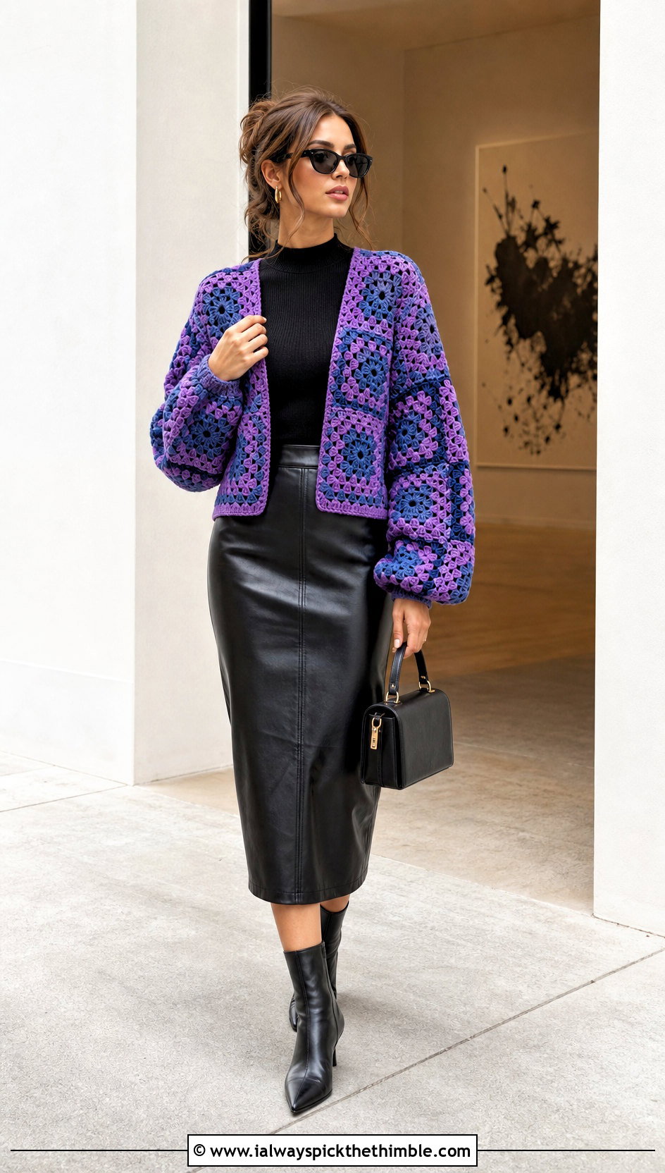 Balloon Sleeve Checkered Granny Square Cardigan With Leather Midi Skirt - 20 checkered granny square cardigan outfit ideas