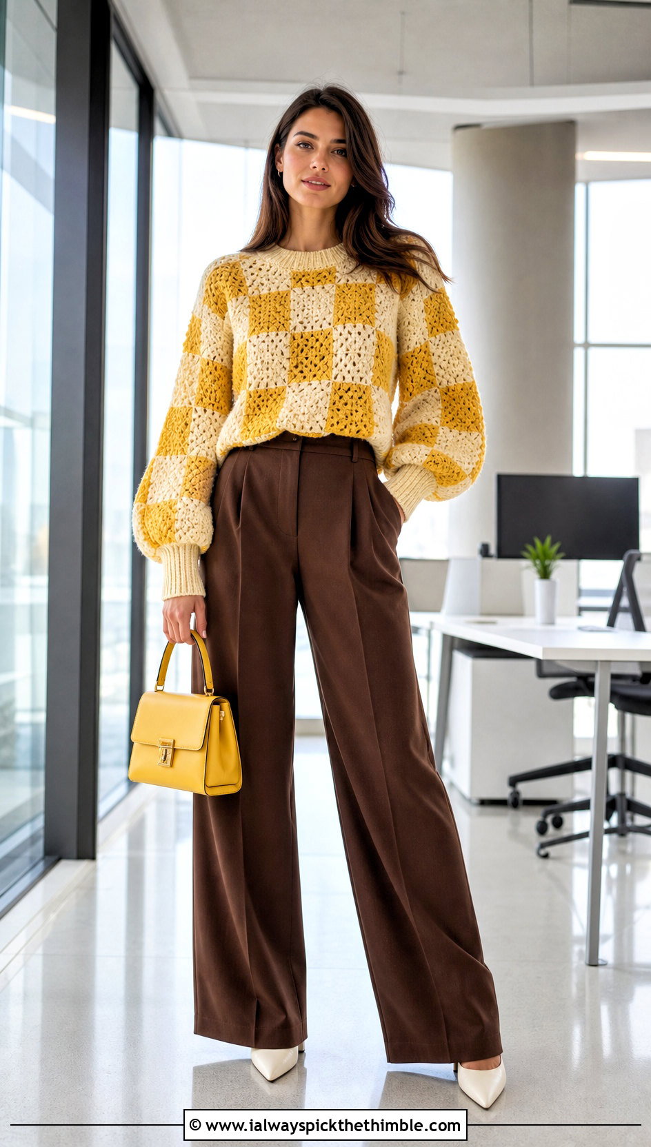 Balloon Sleeve Checkered Sweater With Wide Leg Trousers - 20 crochet checkered sweater outfit ideas