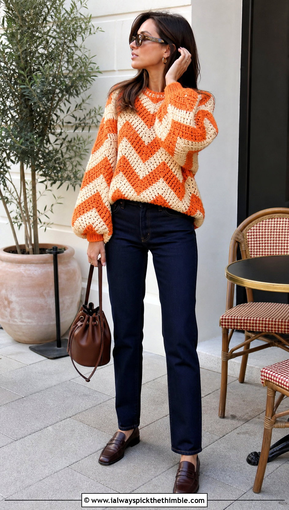 Balloon Sleeve Chevron Crochet Sweater With Straight Leg Jeans - 20 Chevron Crochet Sweater outfit ideas