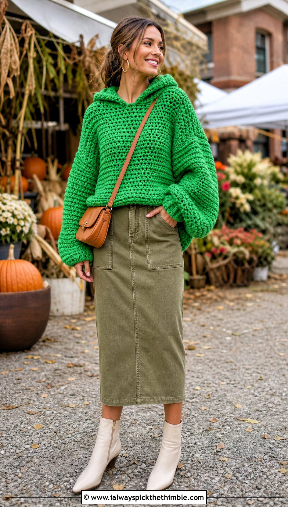 Balloon Sleeve Chunky Crochet Hoodie With Utility Skirt - 20 crochet chunky hoodie outfit ideas