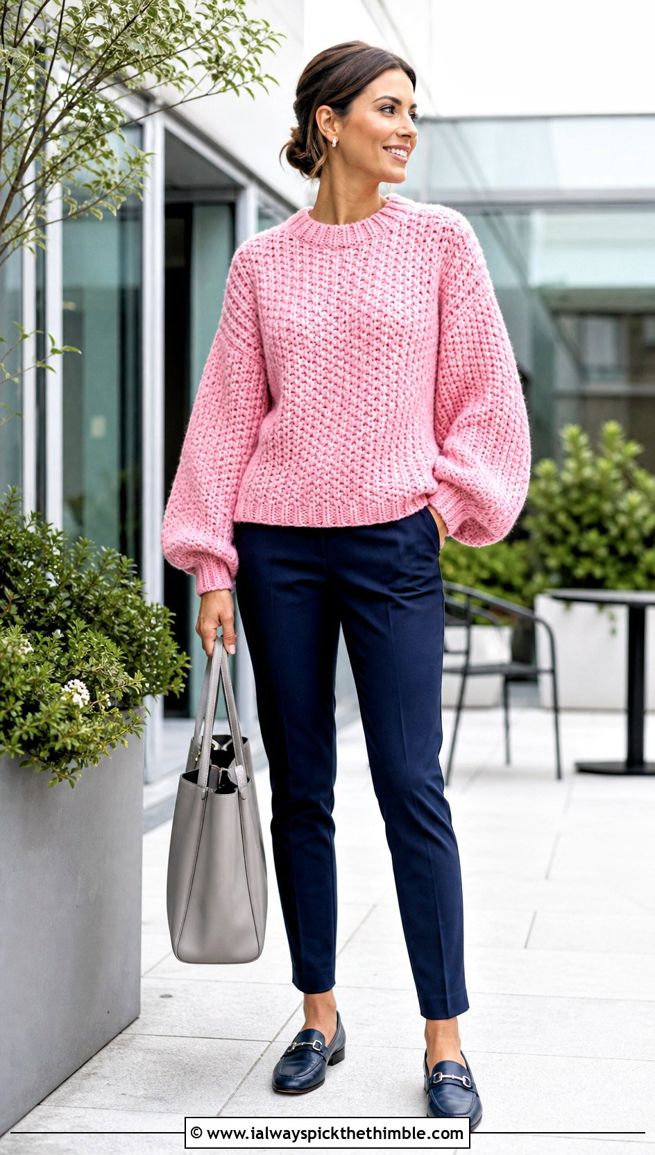 Balloon Sleeve Chunky Crochet Jumper With Slim Pants - 25 chunky crochet jumper outfit ideas