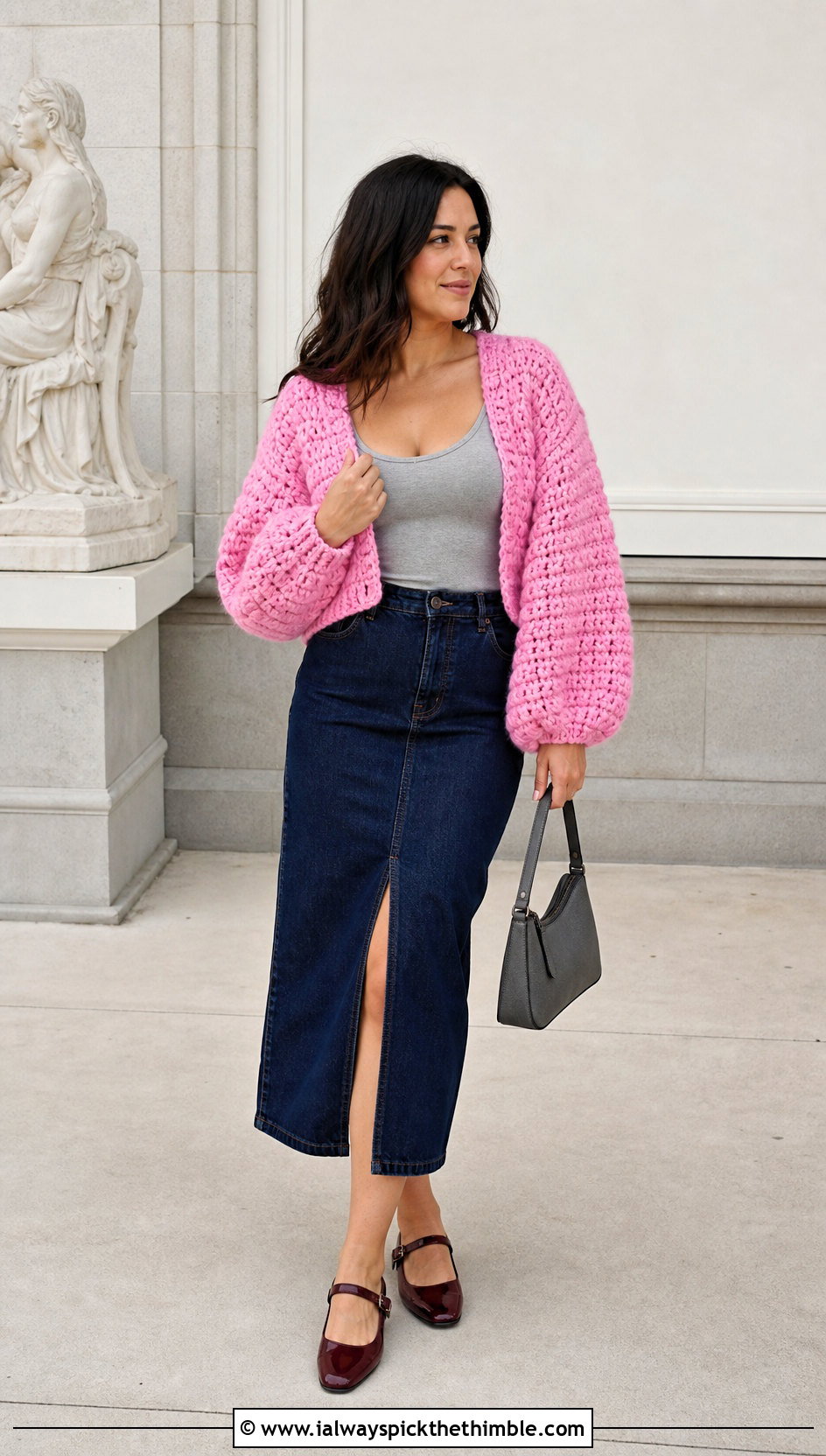 Balloon Sleeve Chunky Crochet Shrug With Denim Midi Skirt - 20 Chunky Crochet Shrug outfit ideas