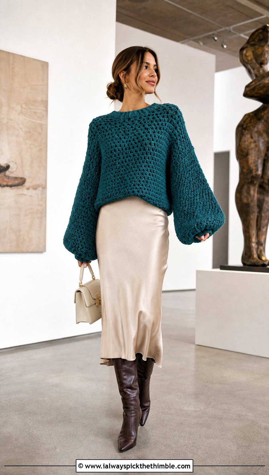 Balloon Sleeve Chunky Crochet Sweater With Satin Midi Skirt - 25 chunky crochet sweater outfit ideas