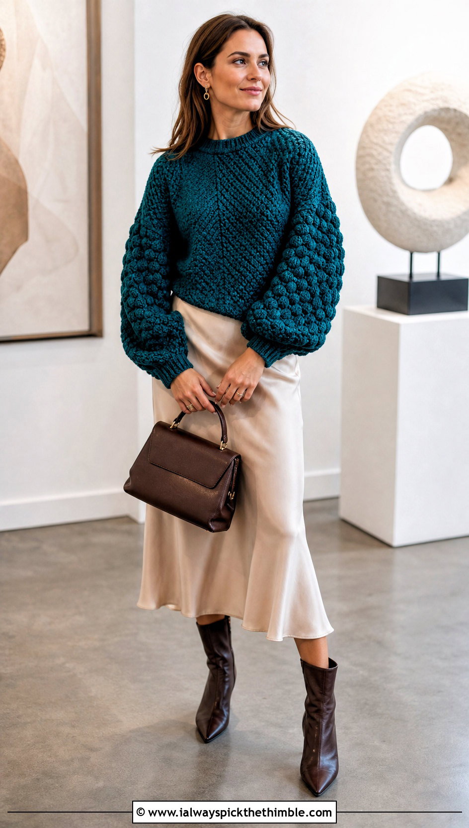 Balloon Sleeve Chunky Crochet Sweater With Satin Midi Skirt - 20 Easy Chunky Crochet Sweater outfit ideas