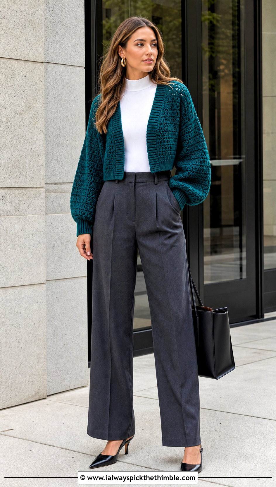 Balloon Sleeve Chunky Cropped Cardigan With Tailored Trousers - 15 Crochet Chunky Cropped Cardigan outfit ideas