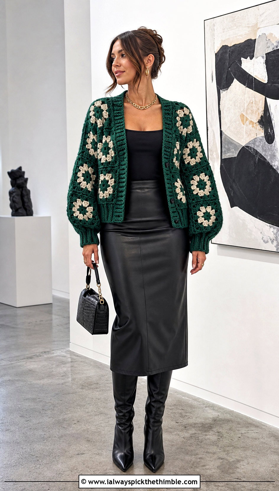 Balloon Sleeve Chunky Granny Square Cardigan With Leather Midi Skirt - 25 Chunky Granny Square Cardigan outfit ideas