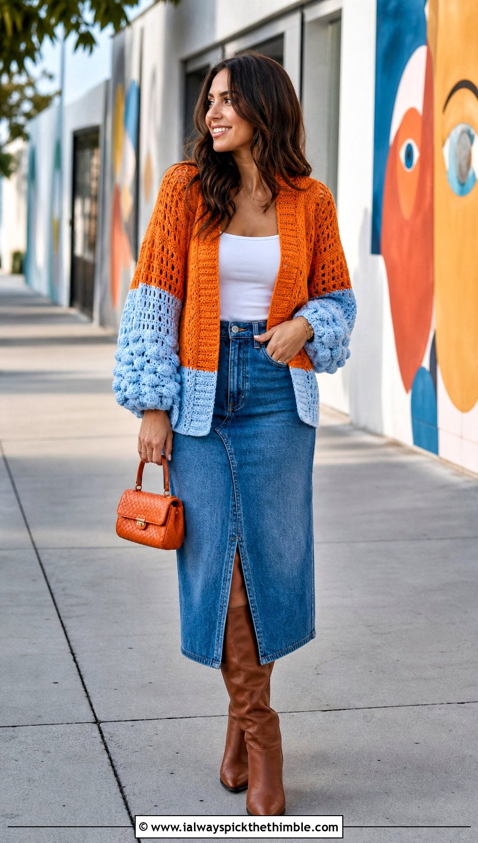 Balloon Sleeve Color Block Crochet Cardigan With Denim Skirt - 20 two color crochet cardigan outfit ideas
