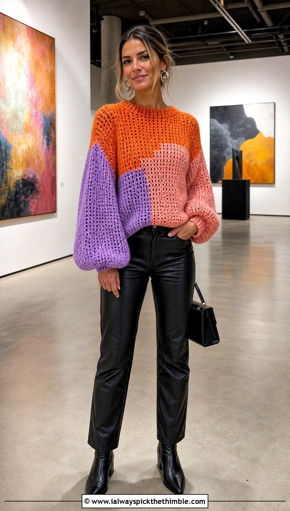 Balloon Sleeve Color Block Crochet Sweater With Leather Pants - 20 Color Block Crochet Sweater outfit ideas