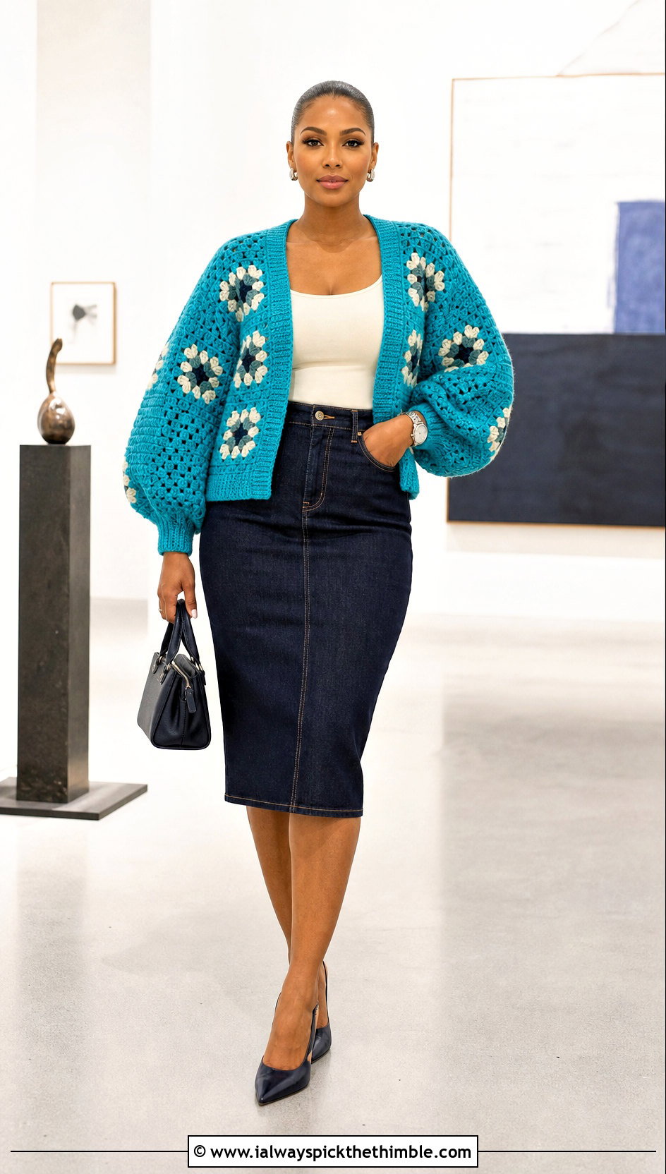 Balloon Sleeve Continuous Granny Square Cardigan With A Pencil Skirt - 20 continuous granny square cardigan outfit ideas