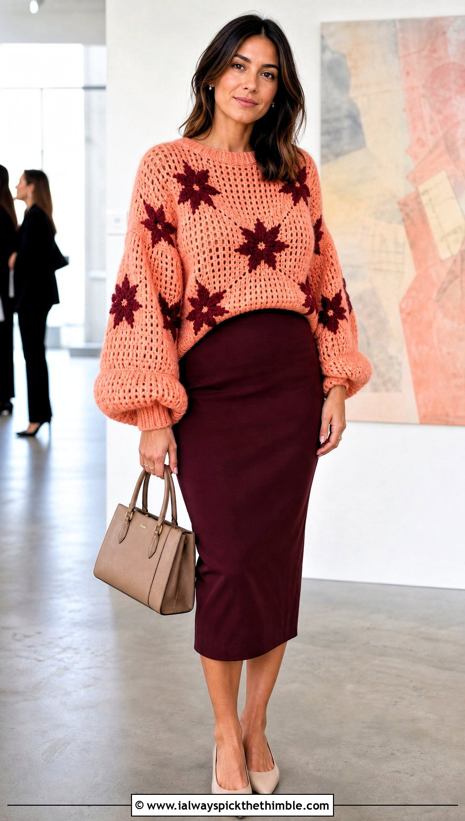 Balloon Sleeve Coraline Star Crochet Sweater With Pencil Skirt - 20 Coraline Star Crochet Sweater outfit ideas