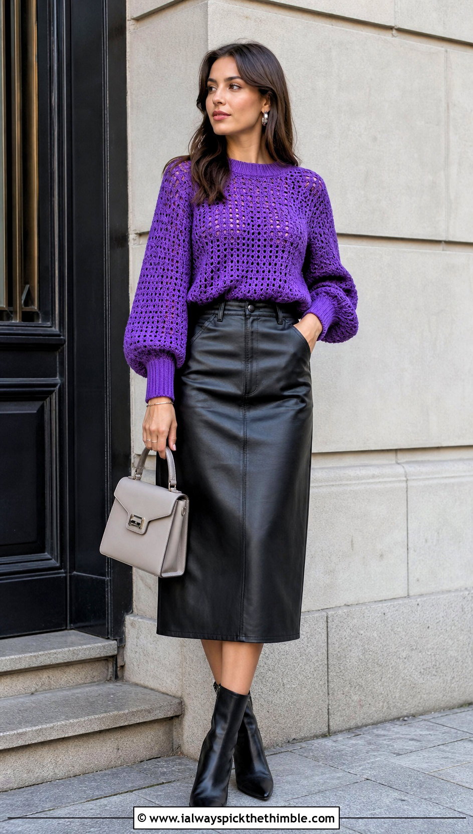 Balloon Sleeve Crochet Blouse With Leather Midi Skirt - 15 Long Sleeve Crochet Blouse outfit ideas